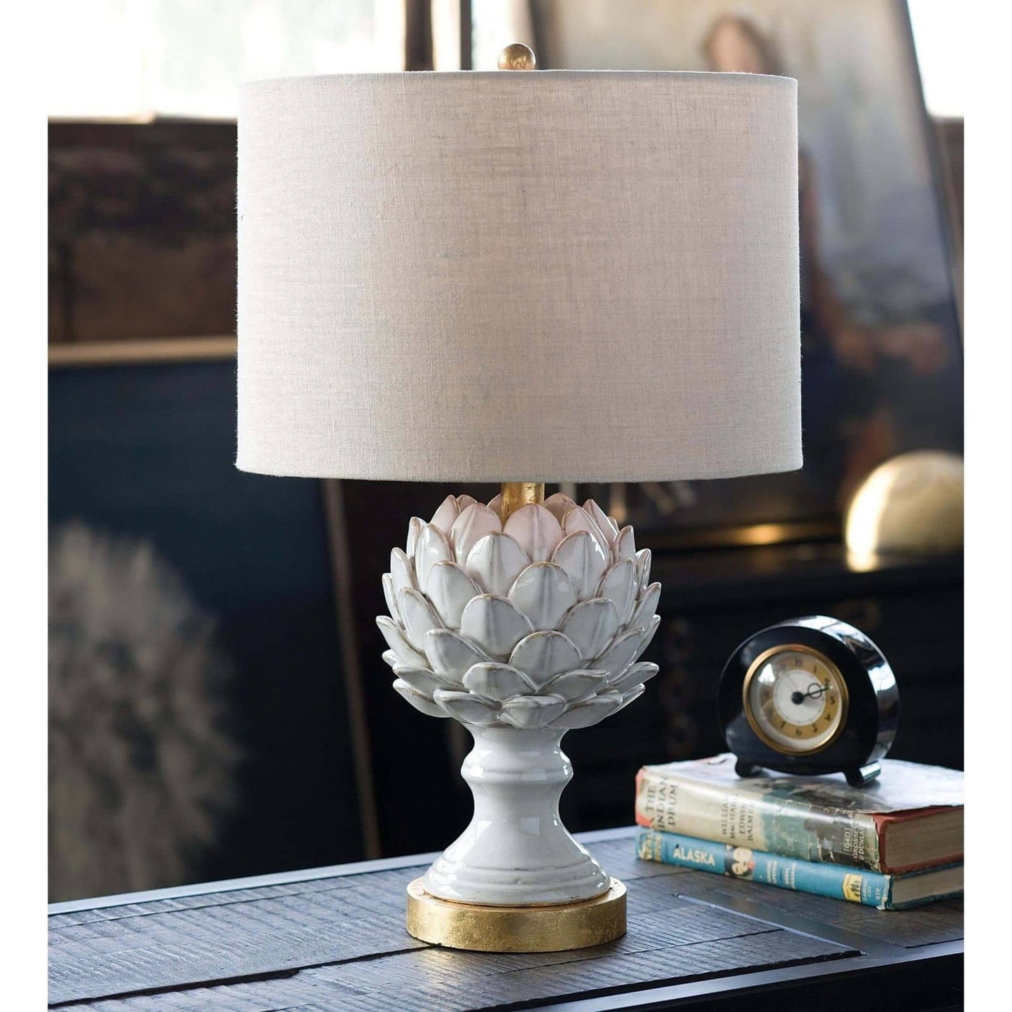 006 S-287021 | Lifestyle | Leafy Artichoke Ceramic Table Lamp by Regina Andrew in white, natural and white. Made from steel in a traditional style.