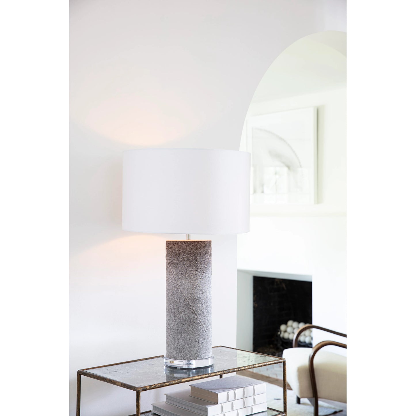 003 SI-1949073 | Lifestyle | Andres Column Table Lamp by Regina Andrew in grey. Made from hair on hide in a modern style.