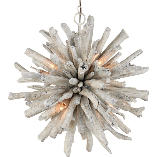 Kuka Pendant by Currey and Company in whitewashed driftwood. Made from driftwood, wrought iron in a modern style.