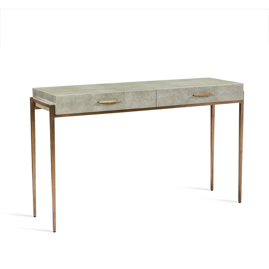 Morand Desk by Interlude Home in sorrel gray sharkskin, antique gold. Made from faux shagreen, metal in a modern style.