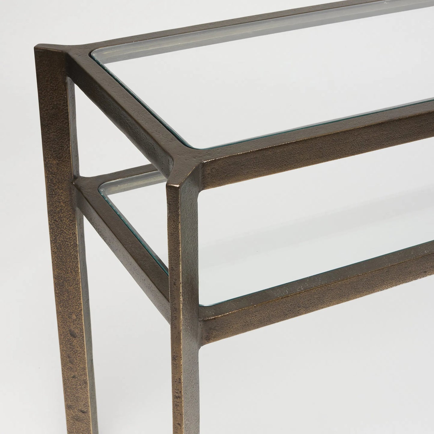 003 SI-2256500 | Closeup | Linley Console by Interlude Home in bronze and deep bronze, clear glass. Made from metal, glass in a unique style.