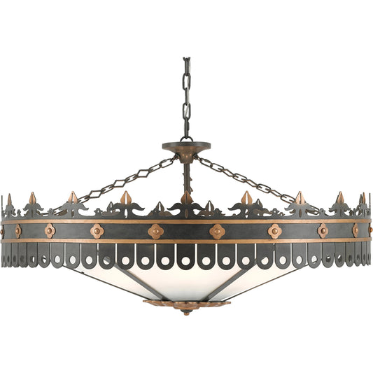 Berkeley Chandelier by Currey and Company in antique gold, moss gray. Made from wrought iron, acrylic in a traditional style.