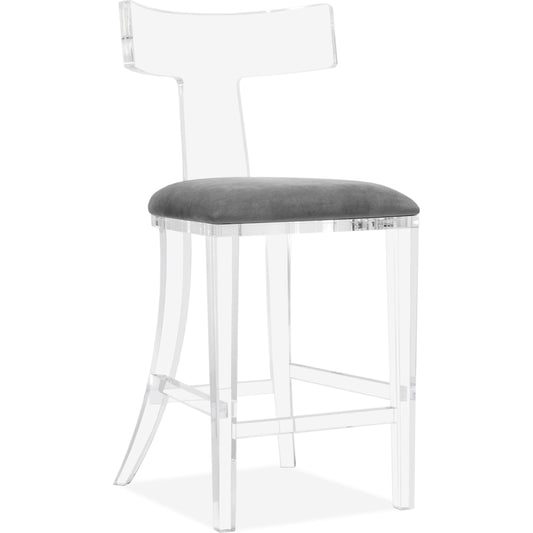 Tristan Klismos Counter Stool by Interlude Home in clear, nimbus gray. Made from acrylic, velvet in a modern style.
