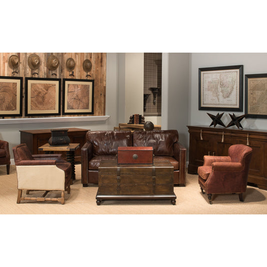 Baron's Box by Sarreid Ltd. in red and antique brass accents w/hinged lid. Made from wood, leather, brass in a traditional style.