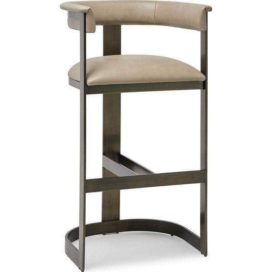 Darcy II Bar Stool by Interlude Home in buff cream and polished brass. Made from stainless steel, leather in a modern style.