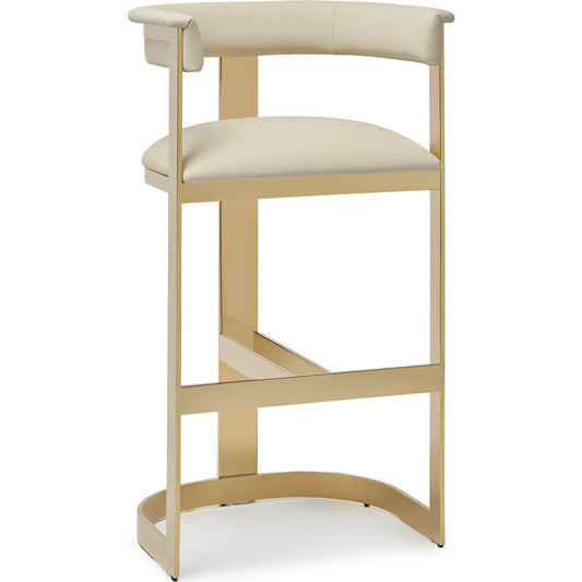 Darcy II Bar Stool by Interlude Home in buff cream and polished brass. Made from stainless steel, leather in a modern style.