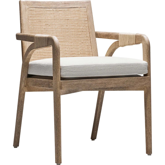001 SI-2122843 | Primary Silo | Delray Arm Chair by Interlude Home in white ceruse, off white, natural. Made from mahogany, rattan, leather, flax weave in a cottage & farmhouse style.