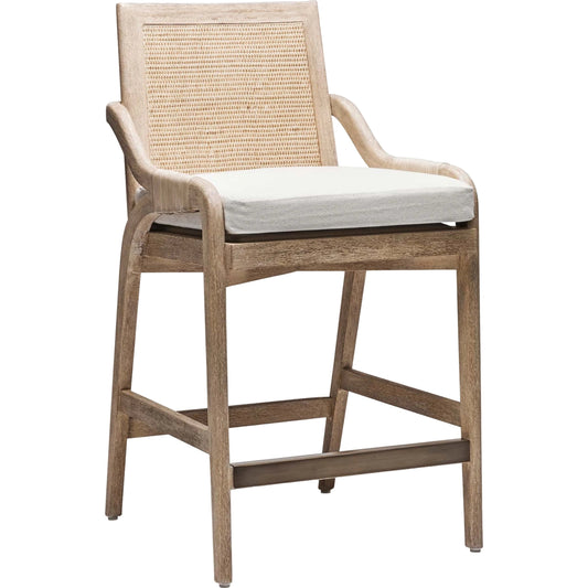 Delray Counter Stool by Interlude Home. Made from mahogany, rattan, leather, metal, flax weave in a cottage & farmhouse style.