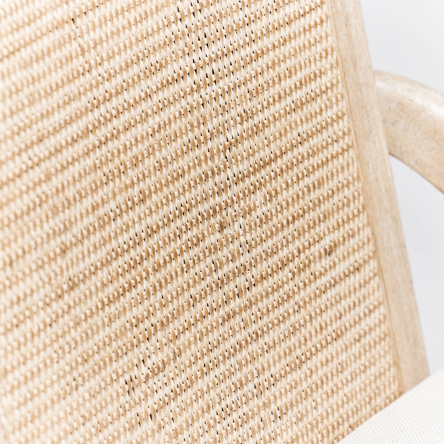005 SI-2122845 | Closeup | Delray Counter Stool by Interlude Home in white ceruse, off white, dark antique brass, natural. Made from mahogany, rattan, leather, metal, flax weave in a cottage & farmhouse style.