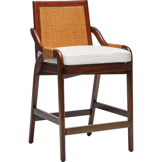 Delray Counter Stool by Interlude Home. Made from mahogany, rattan, leather, metal, flax weave in a cottage & farmhouse style.