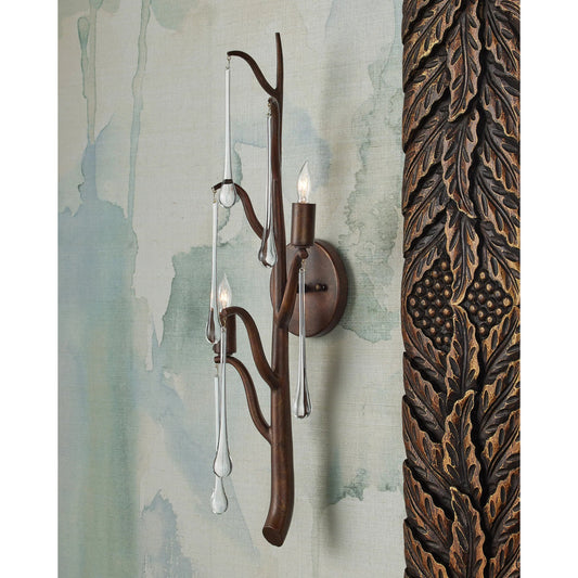 Morning Grove Wall Sconce by Currey and Company in rhine gold, clear. Made from wrought iron, glass in a cottage & farmhouse style.