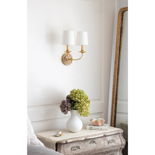 Fisher Sconce Double by Regina Andrew in gold leaf. Made from steel in a modern style.