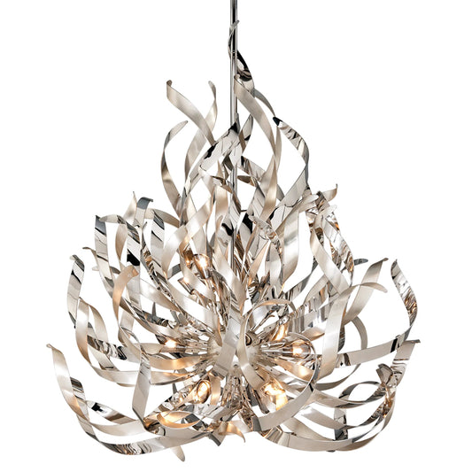 Graffiti 12-Light Chandelier by Corbett in silver leaf. Made from hand worked iron in a modern style.
