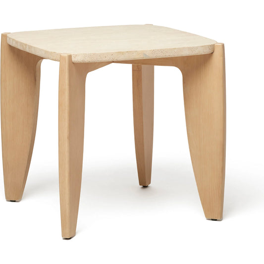 Rocco Side Table by Interlude Home in cream, tan and raw travertine, saddle. Made from travertine, oak in a transitional style.