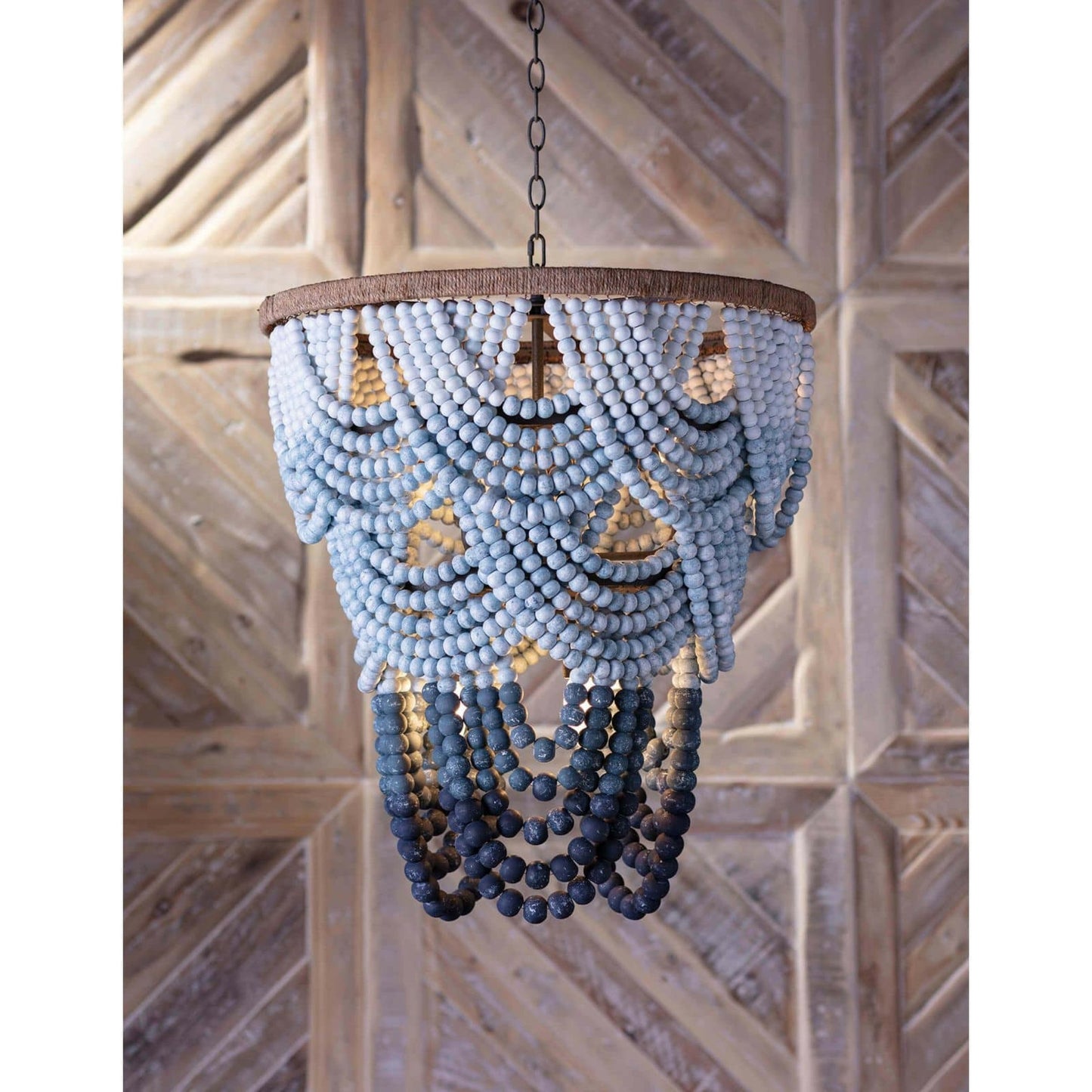008 S-341654 | Lifestyle | Ombre Wood Bead Chandelier by Regina Andrew in blue and blue. Made from birch wood in a coastal style.