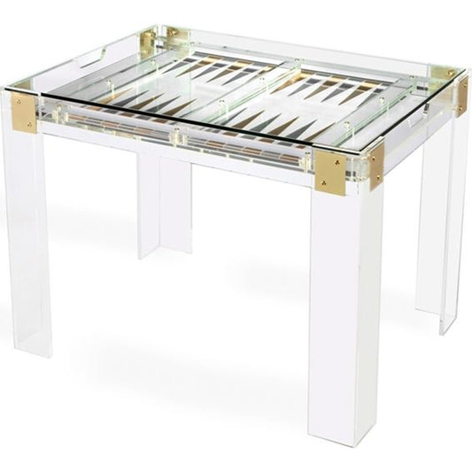 Pierre Backgammon Table by Interlude Home in clear, shiny brass, shiny silver. Made from acrylic, metal, glass in a modern style.