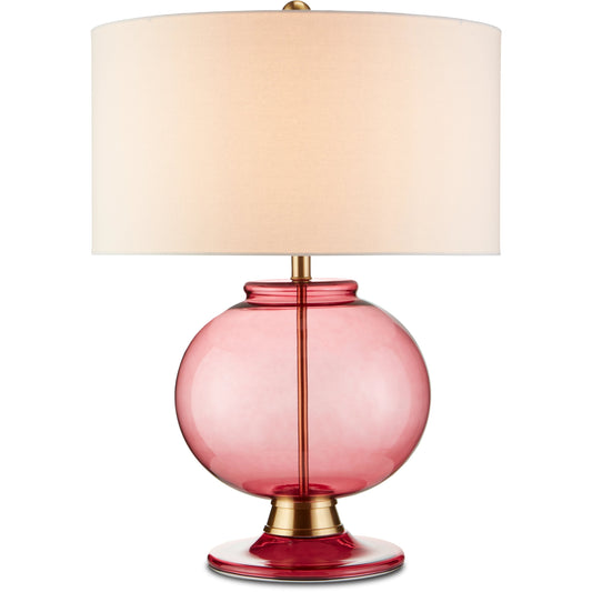 Jocasta Table Lamp by Currey and Company in clear red, brass. Made from metal, glass in a transitional style.