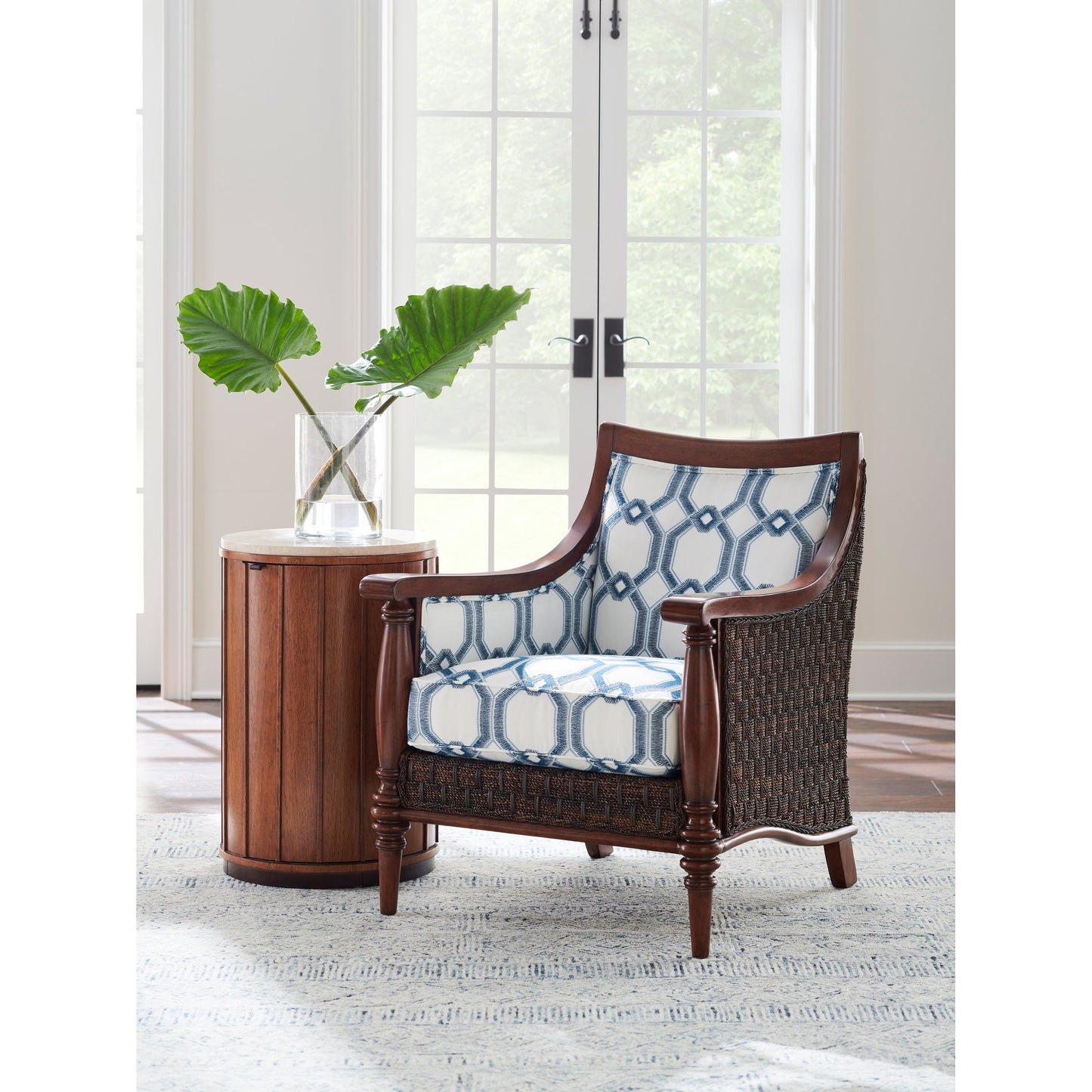 006 SR-836102 | Lifestyle | Fiji Drum Table with Stone Top by Tommy Bahama Home. Made from unique in a rustic style.