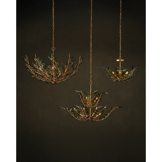 Babylon Two-Tier Chandelier by Currey and Company in green, contemporary gold leaf. Made from recycled bottle glass, wrought iron in a modern style.