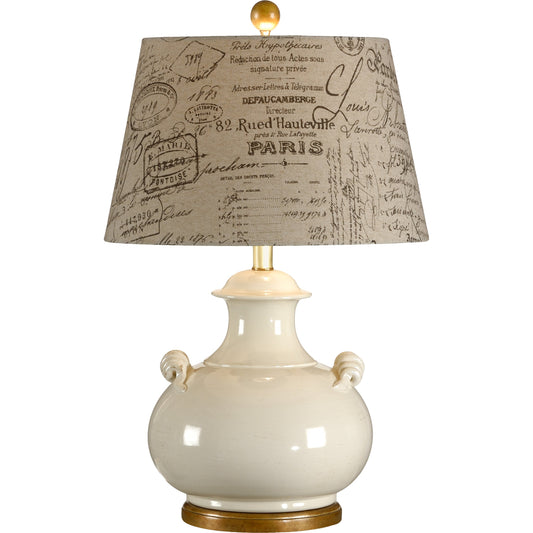 Niccolo Lamp by Wildwood in ivory, white glaze, antique gold. Made from ceramic, porcelain in a transitional style.