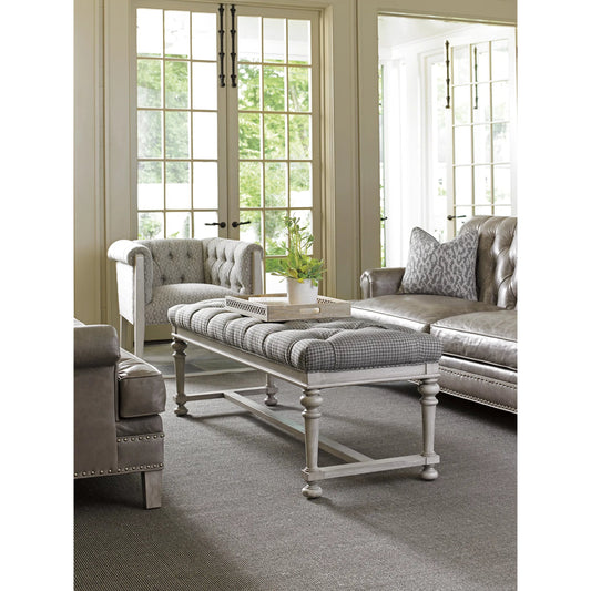 Bellport Bench by Lexington in gray, cream and ivory/gray. Made from oak, fabric in a unique style.