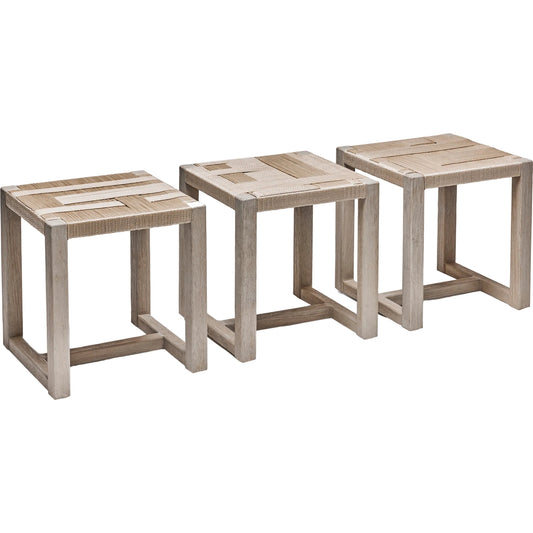 Venice Square Stools by Interlude Home in champagne, rustic grey. Made from rope, teak wood in a cottage & farmhouse style.