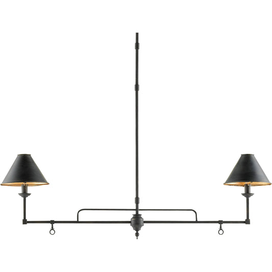 Prosperity Rectangular Chandelier by Currey and Company in french black, contemporary gold leaf. Made from wrought iron in a traditional style.