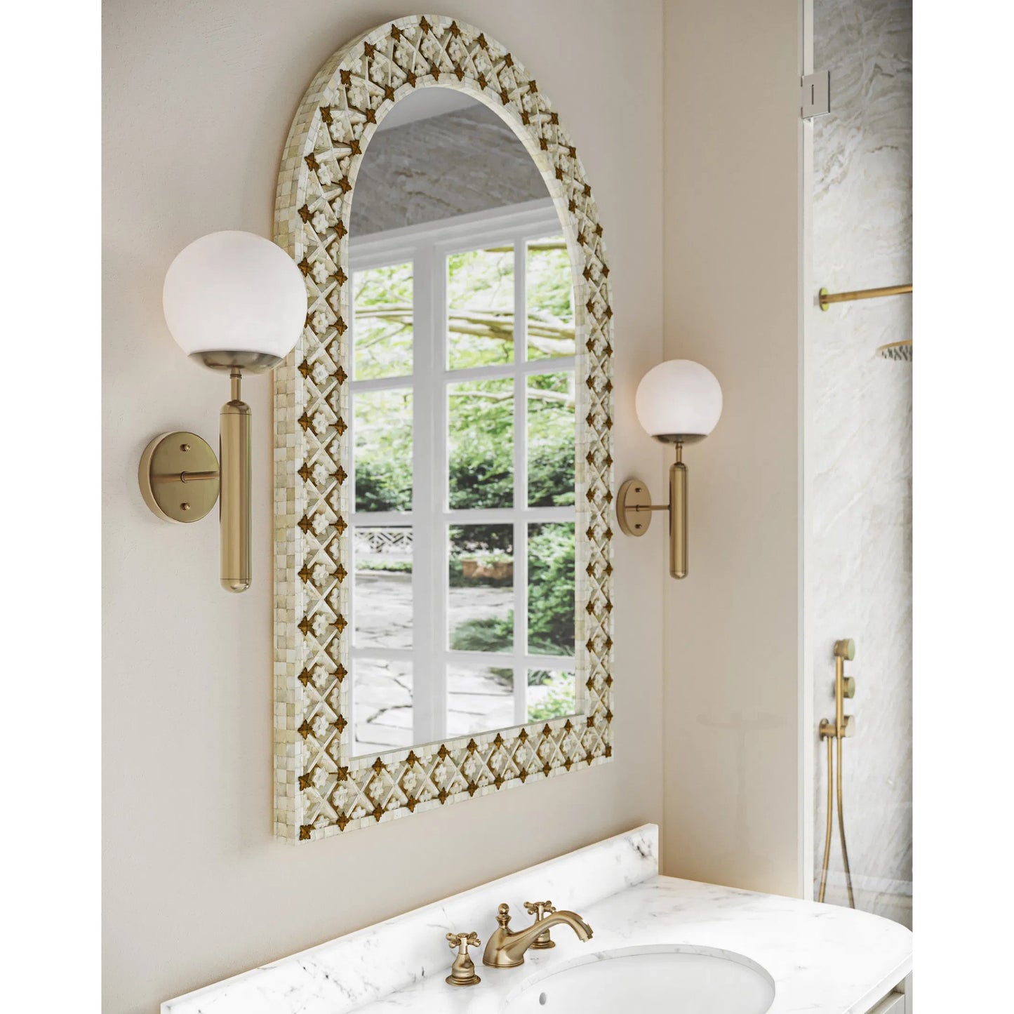 009 SR-823563 | Lifestyle | Ellaria Mirror by Currey and Company in natural bone, brass, mirror. Made from bone, brass, glass in a eclectic & global style.