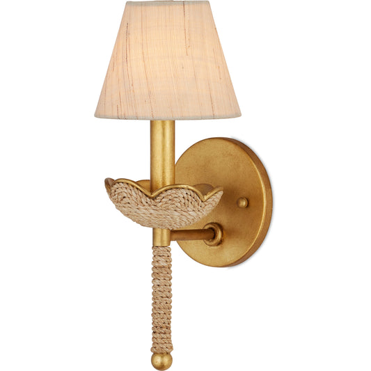 Vichy Wall Sconce by Currey and Company in natural, contemporary gold leaf. Made from abaca rope, wrought iron in a transitional style.