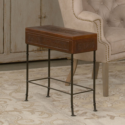 Botanical Leather Box on Stand by Sarreid Ltd. in leather and hinged lid faux bamboo iron base. Made from wood, leather, iron in a cottage & farmhouse style.