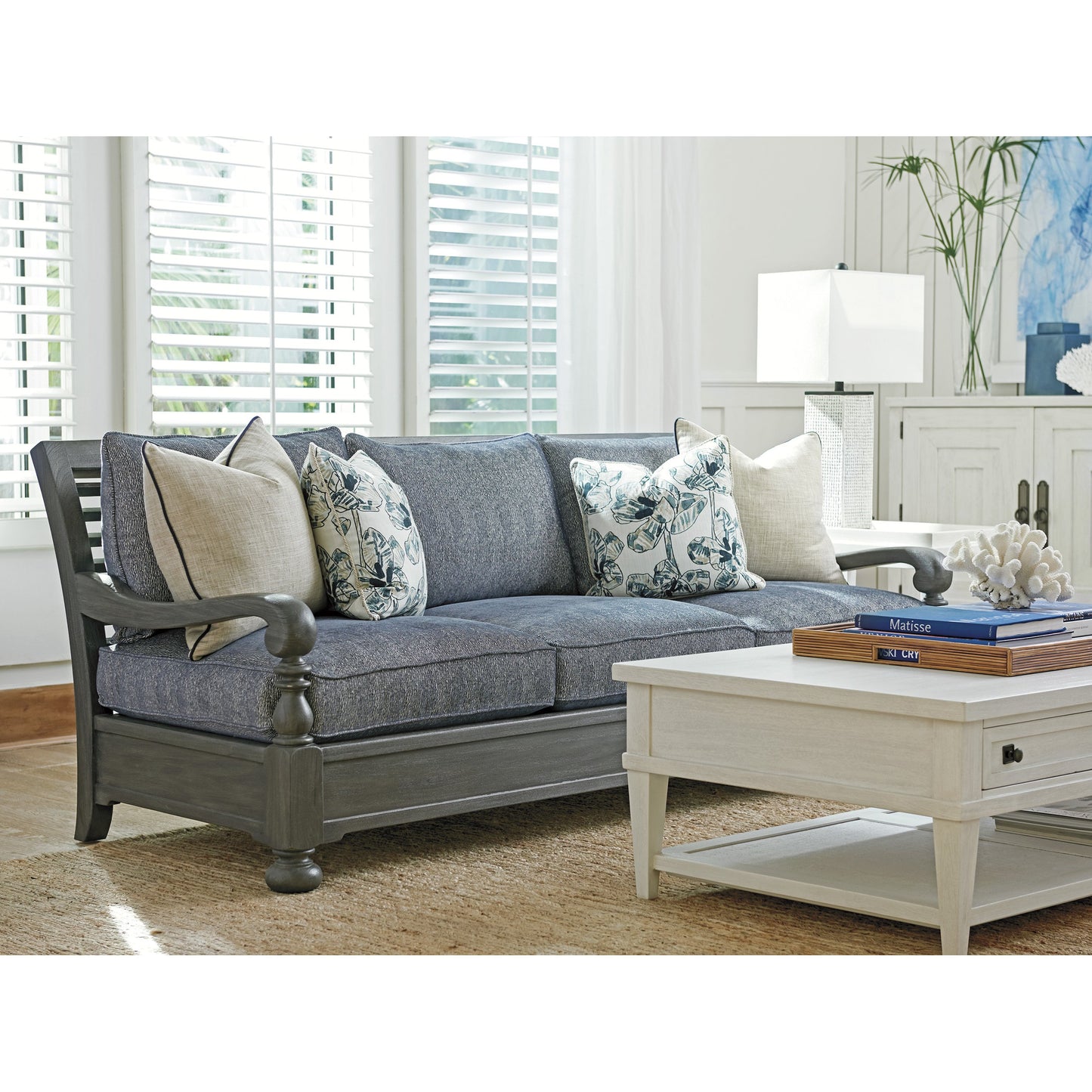 003 SR-835976 | Lifestyle | Bluffton Sofa by Tommy Bahama Home in blue. Made from unique in a coastal style.