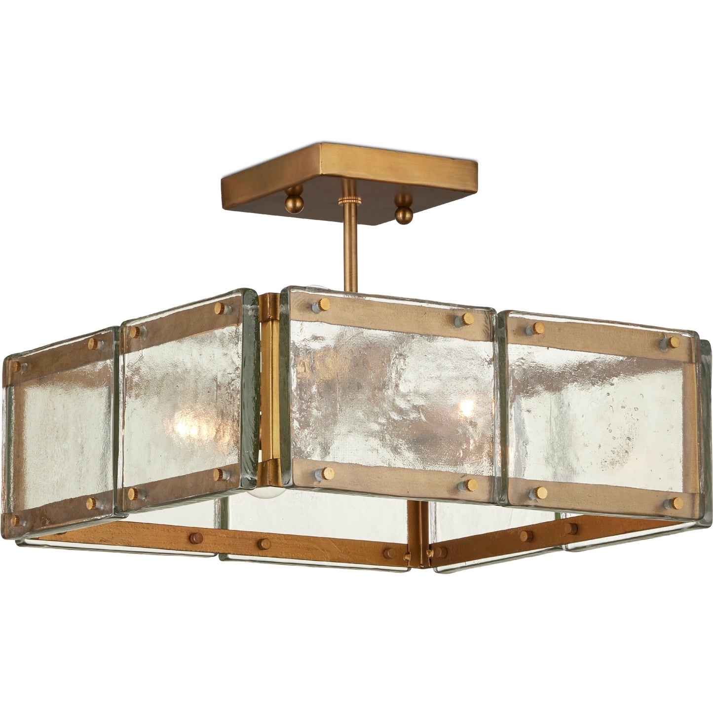 001 SI-2191694 | Primary Silo | Countervail Square Semi-Flush Mount by Currey and Company in clear, antique brass. Made from cast glass, metal in a modern style.