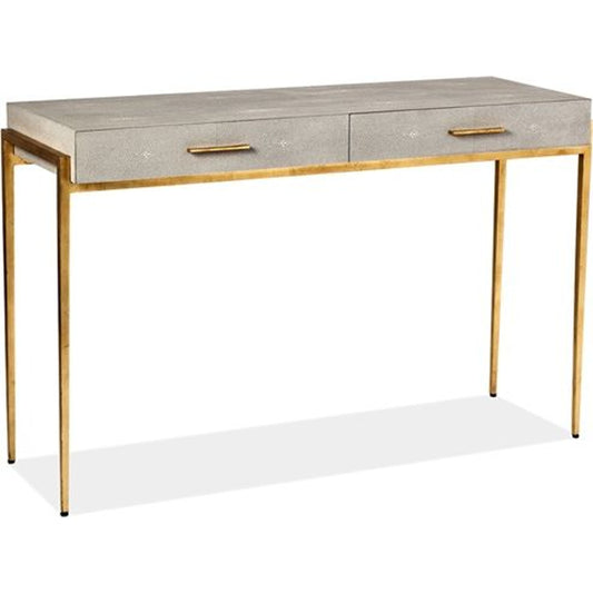 Morand Console by Interlude Home in gold leaf, taupe. Made from iron, faux shagreen in a modern style.
