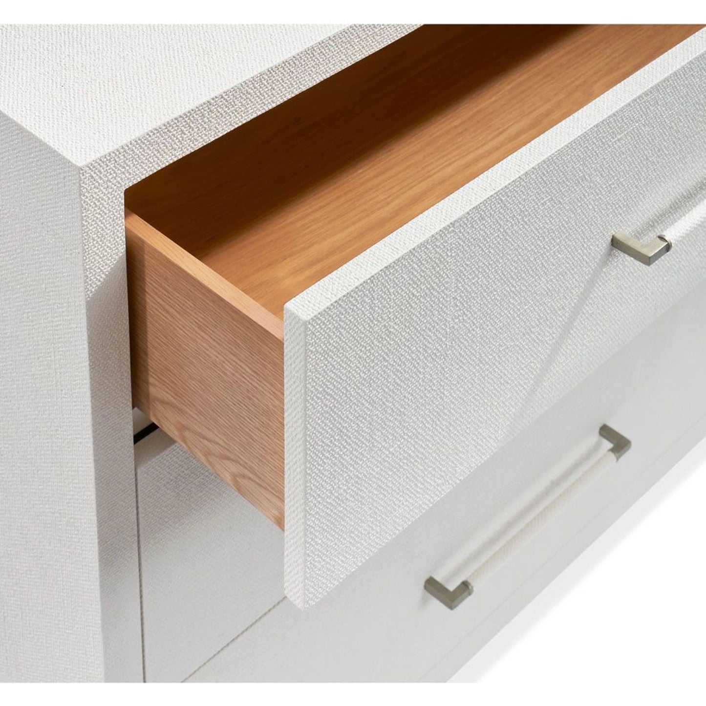 003 SI-1909433 | Closeup | Taylor 3 Drawer Chest by Interlude Home in natural white, champagne silver. Made from wood, faux linen, metal in a modern style.