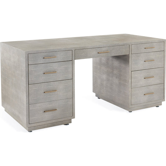 001 SI-1956152 | Primary Silo | Livia Desk by Interlude Home in sorrel grey sharkskin, antique brass. Made from faux shagreen, iron in a modern style.