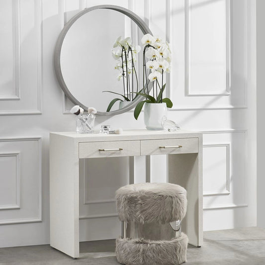 Taylor Petite Desk by Interlude Home in natural white, champagne silver. Made from wood, faux linen, iron in a modern style.