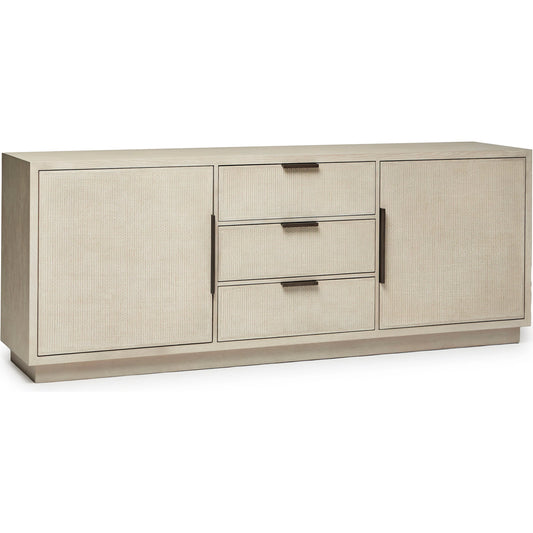 Holmes Credenza by Interlude Home in warm grey. Made from oak in a transitional style.