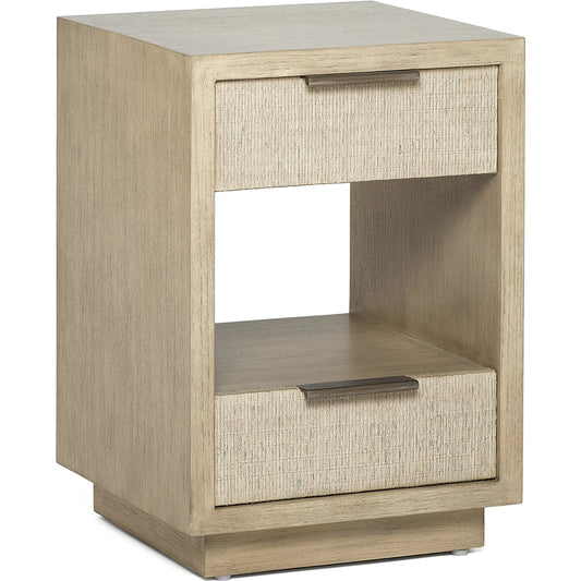 001 SI-2519588 | Primary Silo | Harperly Small Bedside Chest by Interlude Home in washed taupe, satin aged bronze. Made from sungkai wood, raffia, metal in a transitional style.