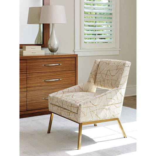 Amani Chair With Bright Brass by Lexington in beige, tan and brass. Made from mahogany, fabric, metal in a unique style.