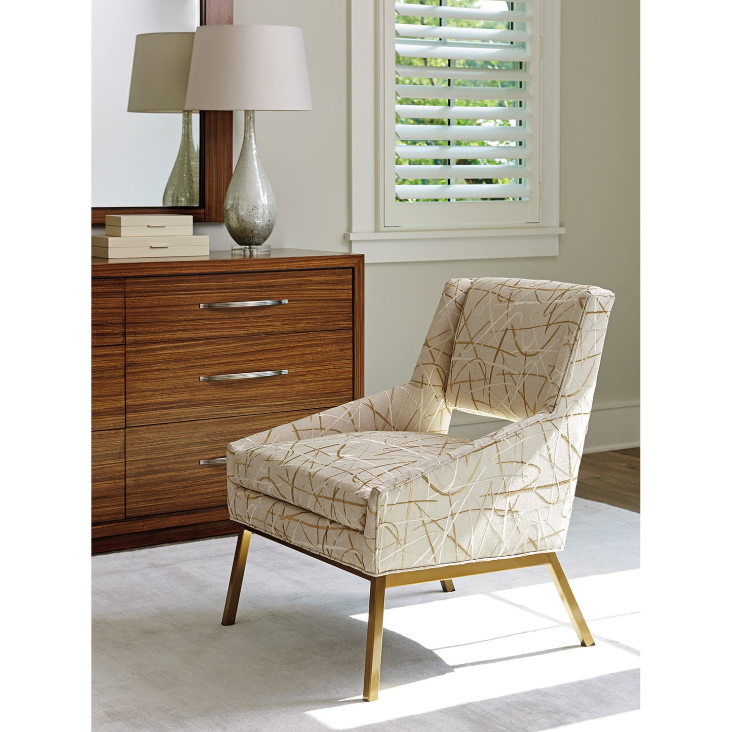 003 SR-835079 | Lifestyle | Amani Upholstered Chair with Bright Brass Base by Lexington. Made from unique in a modern style.