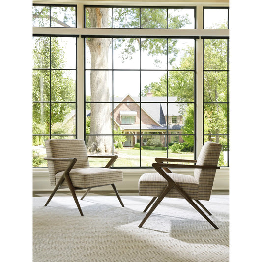 Tanzania Chair by Lexington in beige, tan and dark brown. Made from mahogany, fabric in a unique style.