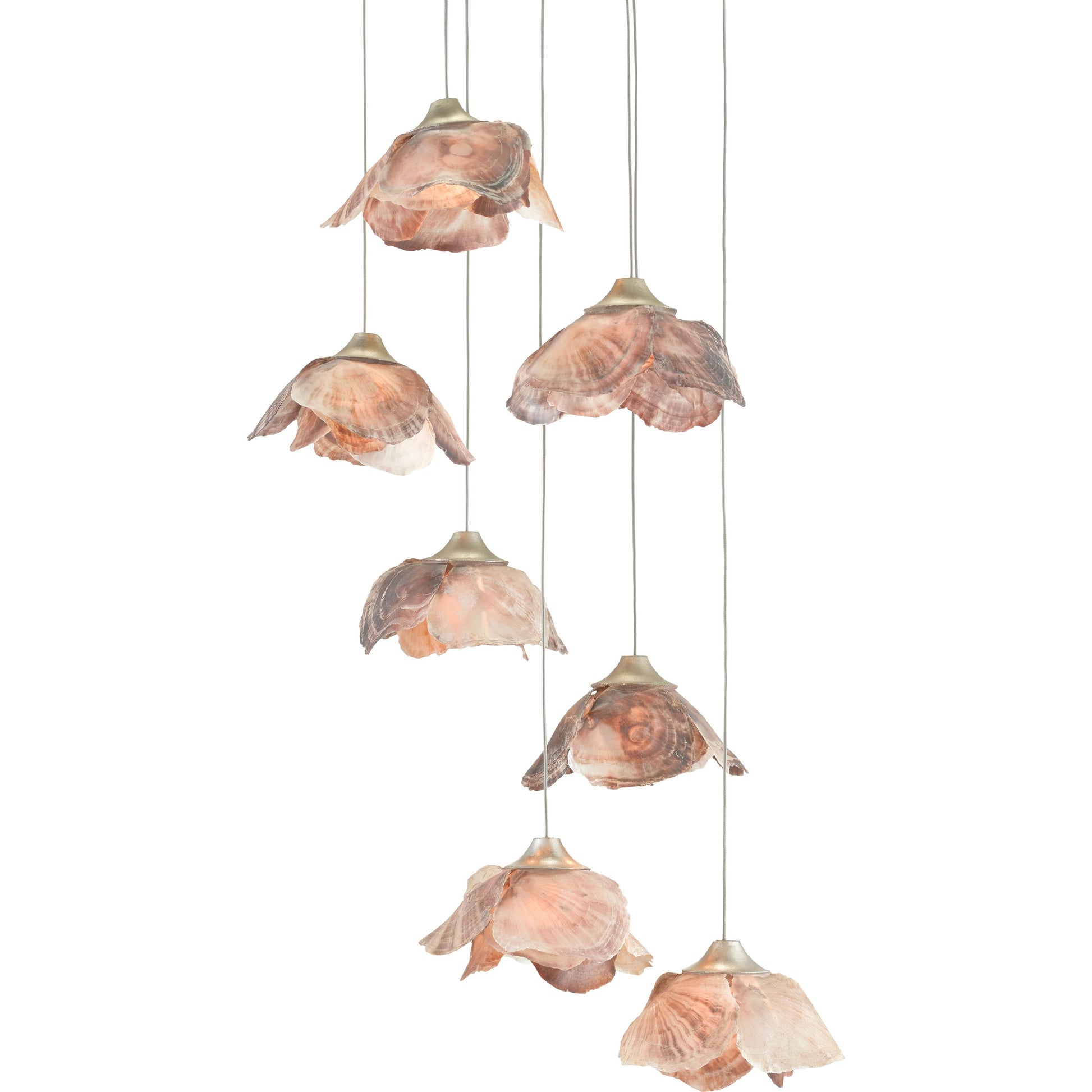 Catrice Pendant by Currey and Company in painted silver, contemporary silver leaf, natural shell. Made from capiz shell, wrought iron in a coastal style.