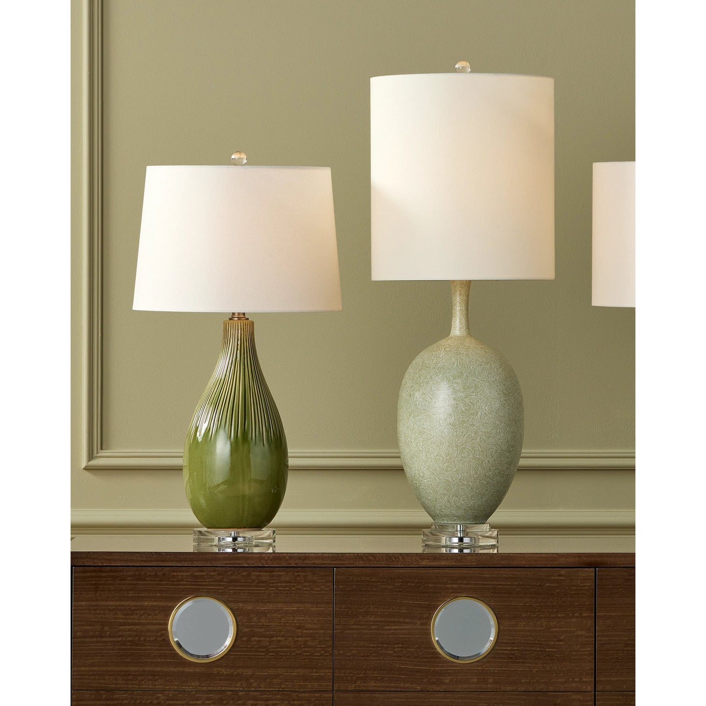 005 SI-2191641 | Lifestyle | Anjou Table Lamp by Currey and Company in pale green, off-white, clear, satin nickel. Made from ceramic, optic crystal in a modern style.