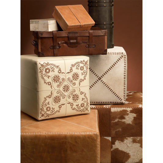 Barrel Table Lamp by Jamie Young in vintage leather. Made from leather in a modern style.