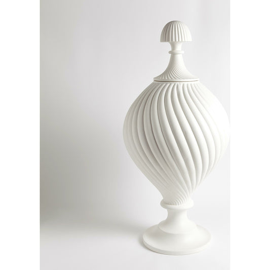 Grande Swirl Jar by Global Views in matte white. Made from earthenware in a transitional style.
