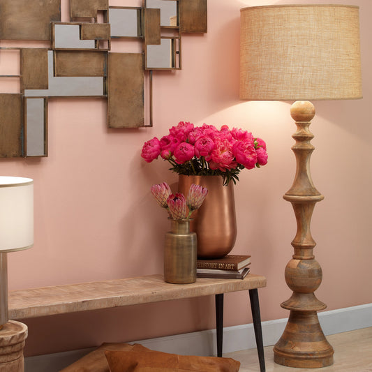 Budapest Floor Lamp by Jamie Young in natural wood. Made from wood in a traditional style.