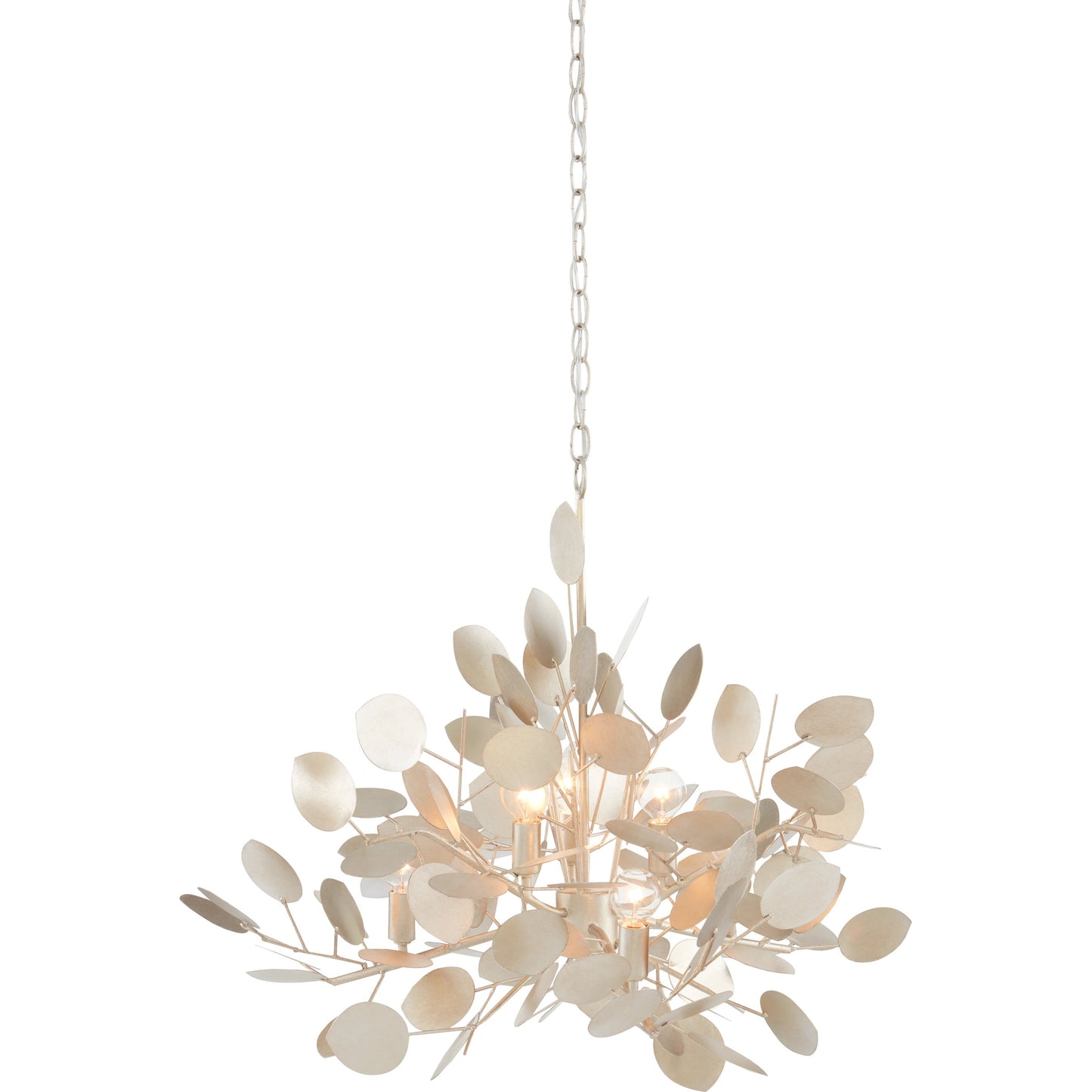 005 SI-1894402 | Additional Silo | Lunaria Chandelier by Currey and Company in contemporary silver leaf. Made from wrought iron in a transitional style.