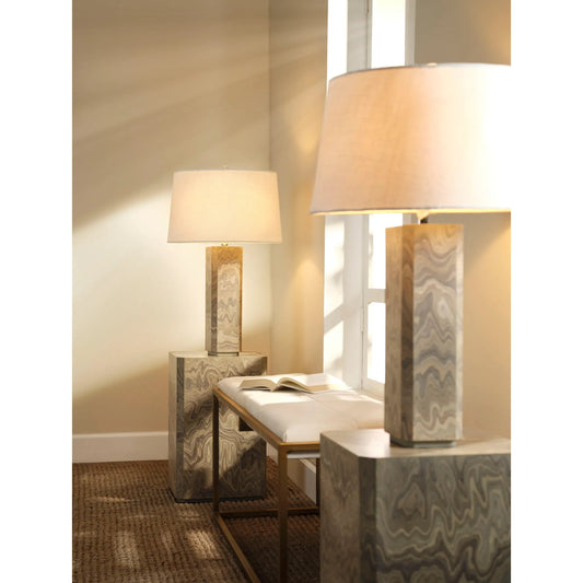 Canyon Table Lamp by Jamie Young in grey and sand grey. Made from wood in a unique style.