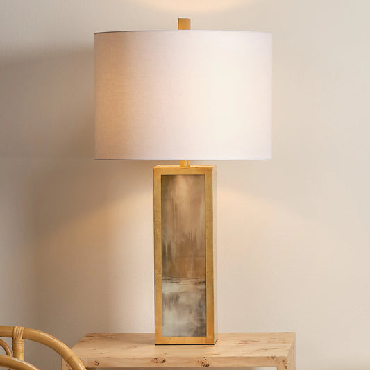 Cloudscape Table Lamp by Jamie Young in taupe, slate lacquer with antique gold leafed metal. Made from paper, acrylic, metal in a modern style.