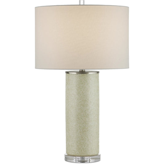 Verdure Cylinder Table Lamp by Currey and Company in green, off-white, clear, satin nickel. Made from porcelain, metal, optic crystal in a modern style.